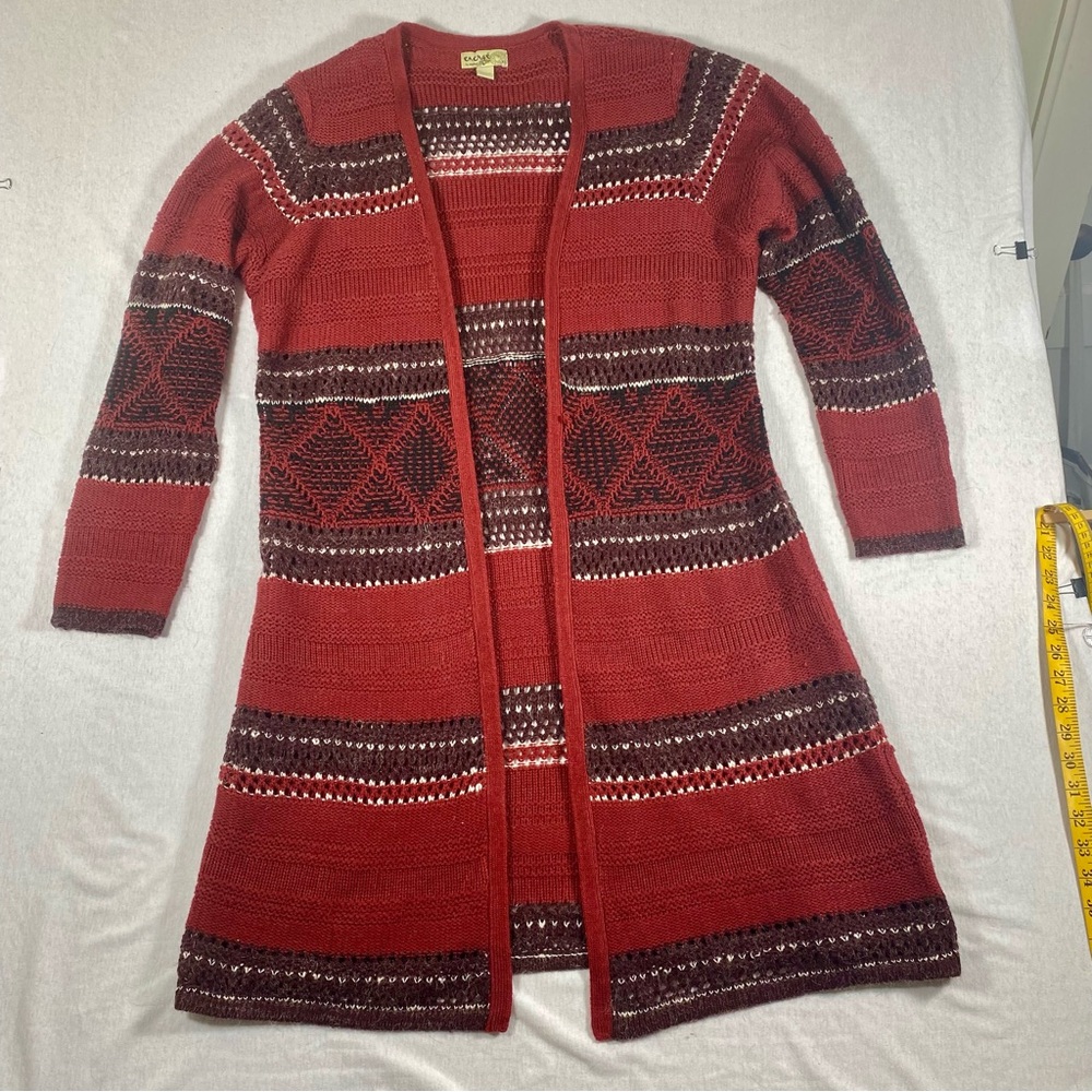 Energe Red Maroon Knit Duster Cardigan Sweater Open Knit Size XL